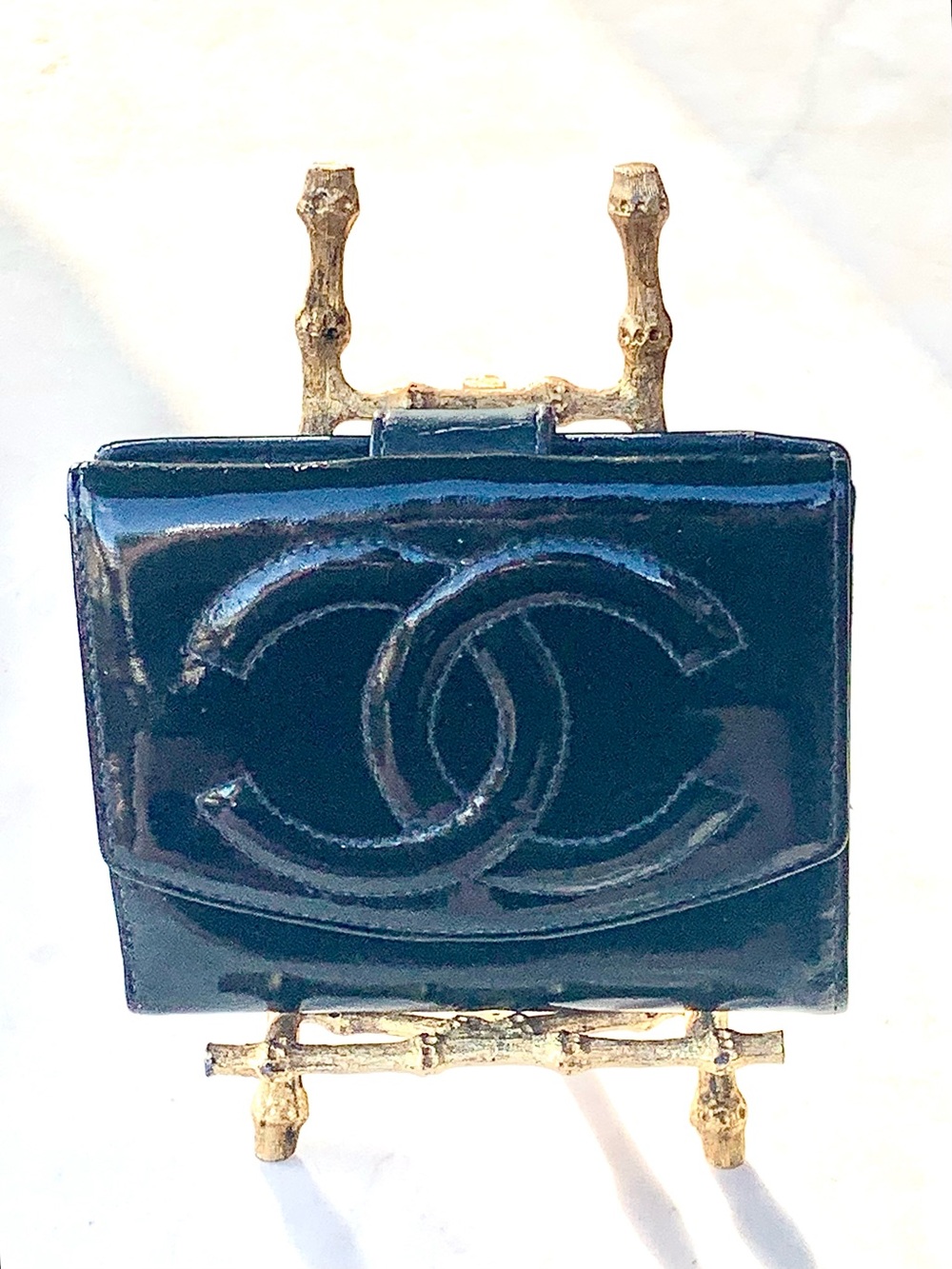 CHANEL Black Patent Leather Mini Bi-fold Wallet with CC Logo VINTAGE 1996